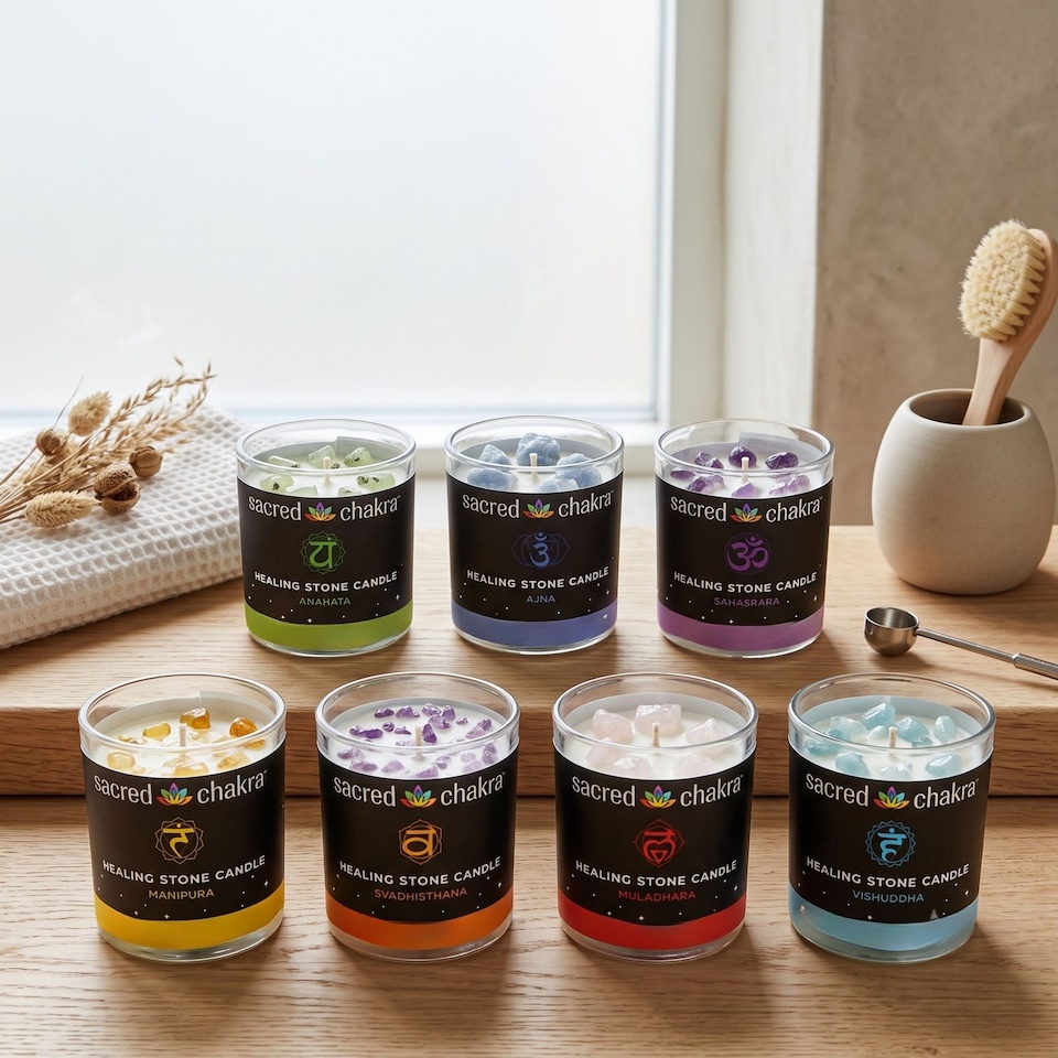 image 1 of Homescapes Chakra candles gift set with healing crystals – set of 7
