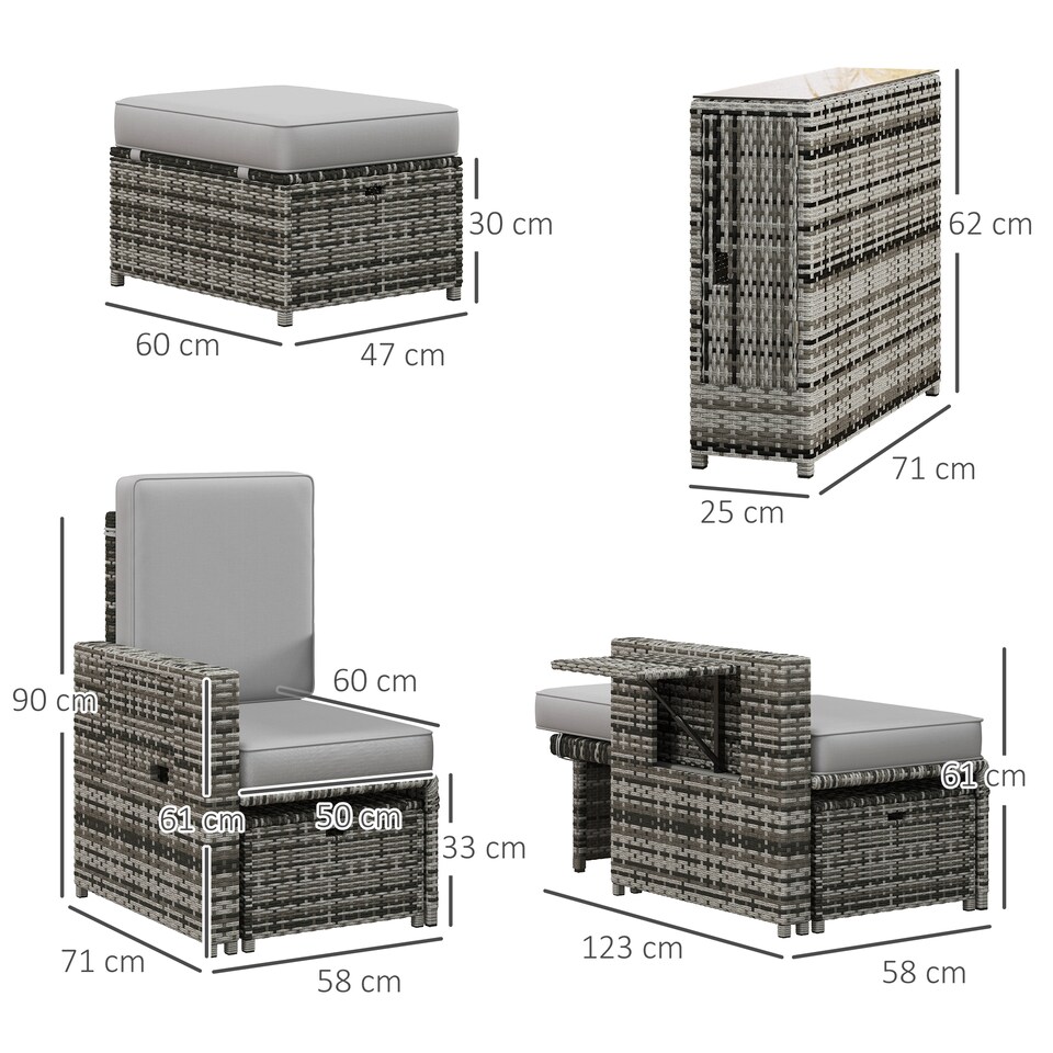 image 1 of Outsunny 5PC PE Rattan Sun Lounger, Outdoor Wicker 5-level Adjustable Recliner Sofa Bed with Storage Side Table and Footstools, for Patio, Garden, Poolside, Grey