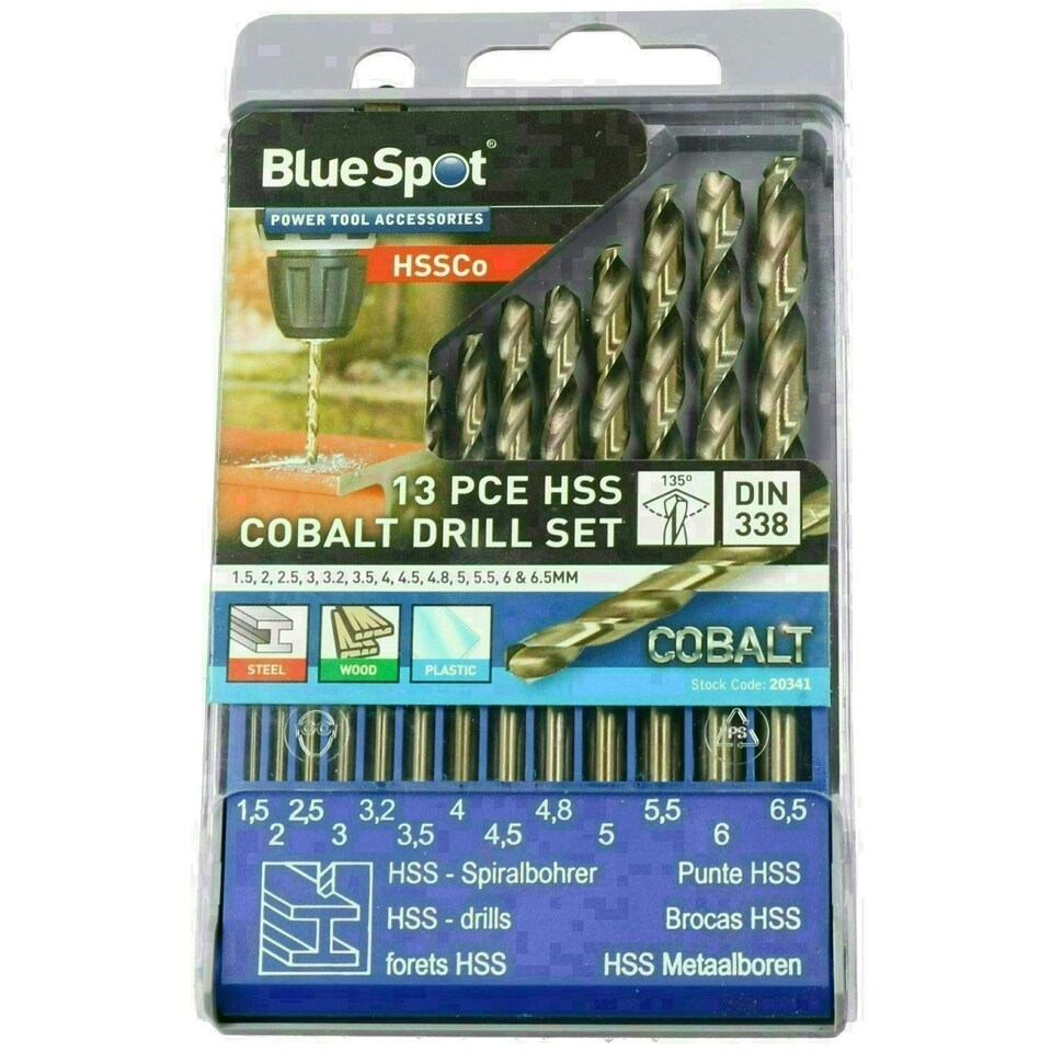 image 1 of 13pc HSS Cobalt Twist Drill Bit Set Metric MM Sizes 1.5mm - 6.5mm Drilling