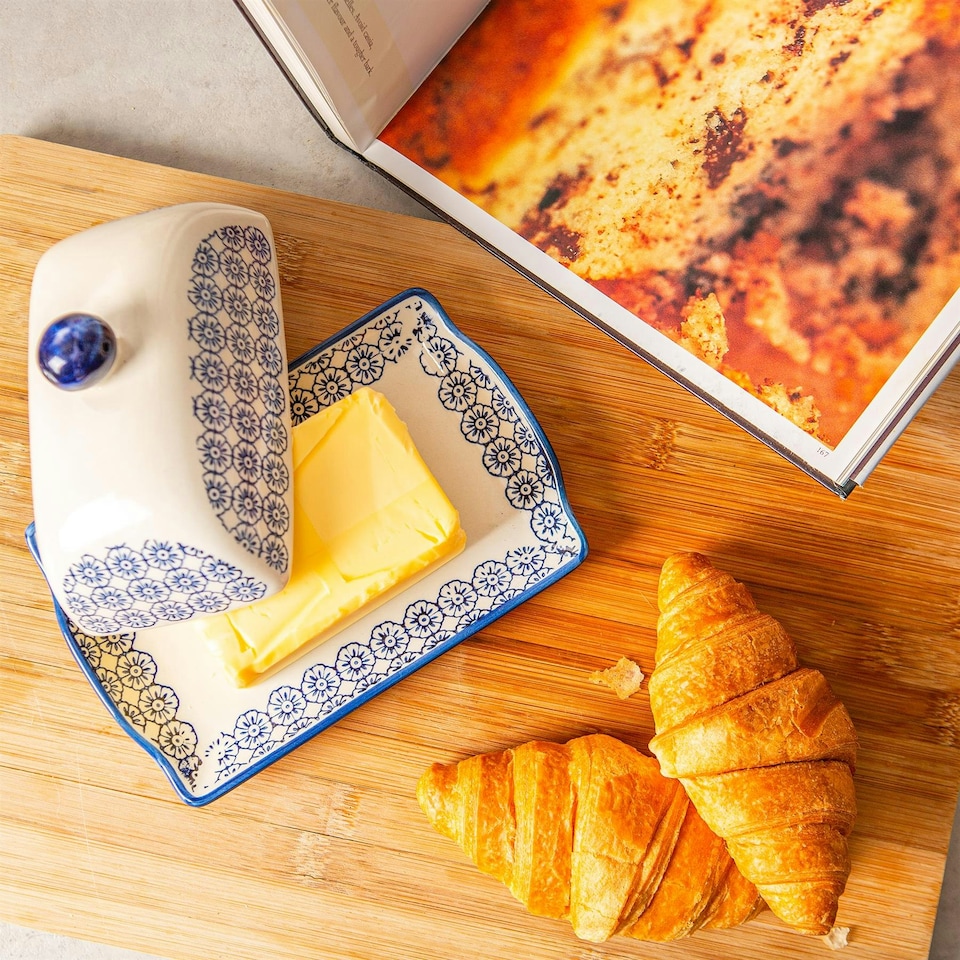 image 1 of Nicola Spring Hand-Printed Butter Dish - 18.5 x 12cm - Navy