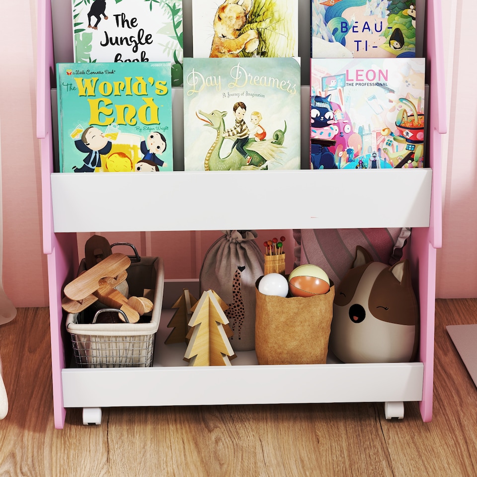 image 1 of AIYAPLAY Kids Bookshelf and Toy Storage, Double-Sided Children's Bookcase with Wheels, 3 Tier Kids Book Rack for Playroom, Bedroom, Nursery, Classroom, Pink
