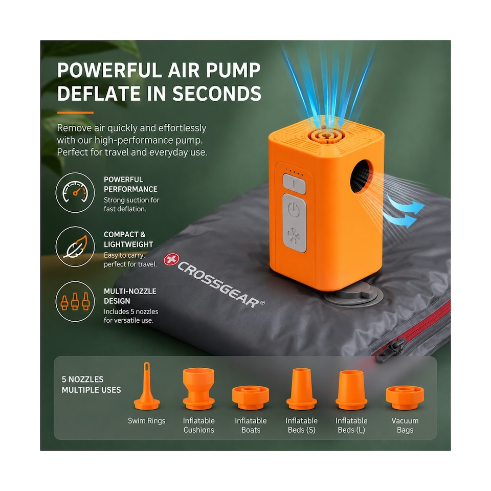 image 1 of Crossgear USB Rechargeable Portable Air Pump - Compact Electric Inflator & Deflator for Air Beds, Pool Inflatables, Camping Gear & Vacuum Packs, Cordless, 1200mAh