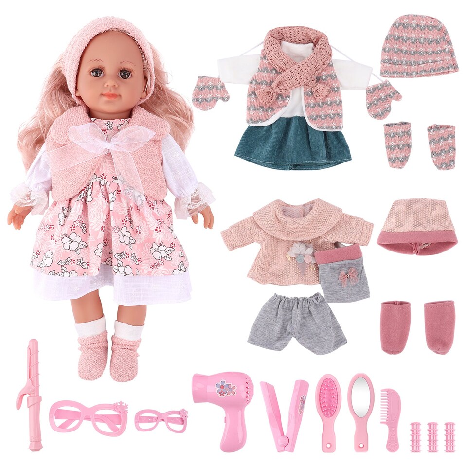 image 1 of Baby Doll Dress-Up Set with Clothes and Hair Accessories – 36cm Soft Body Doll