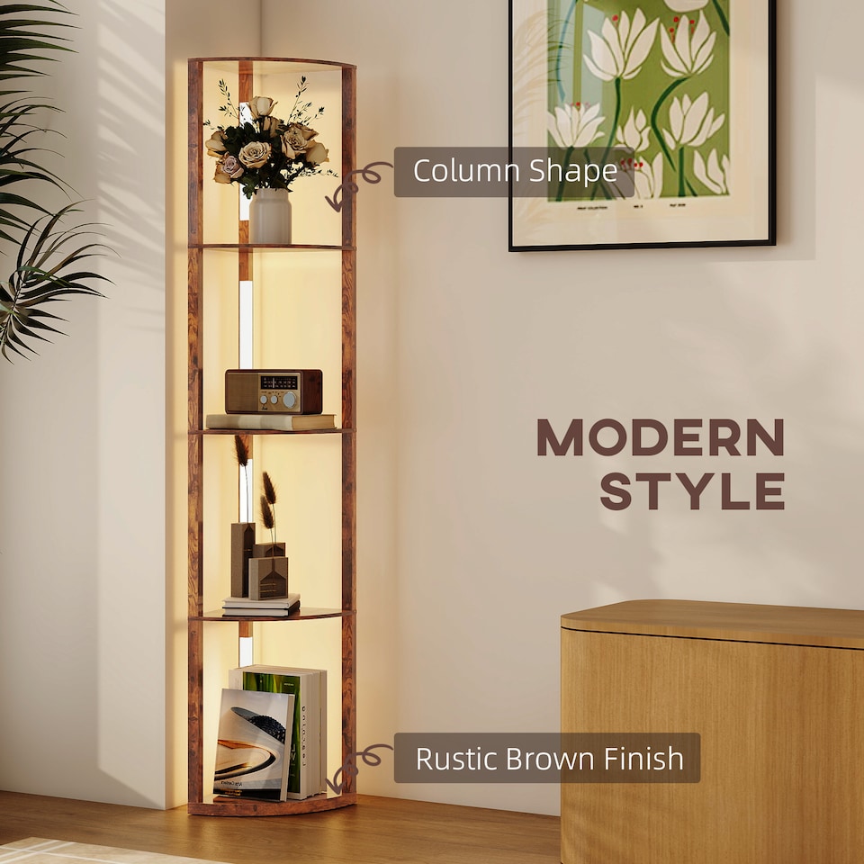 image 1 of HOMCOM LED Floor Lamp with Shelves, 4 Layers Dimmable Modern Standing Lamp with 3 Brightness Levels and Foot Switch for Living Room, Bedroom, Office, Rustic Brown