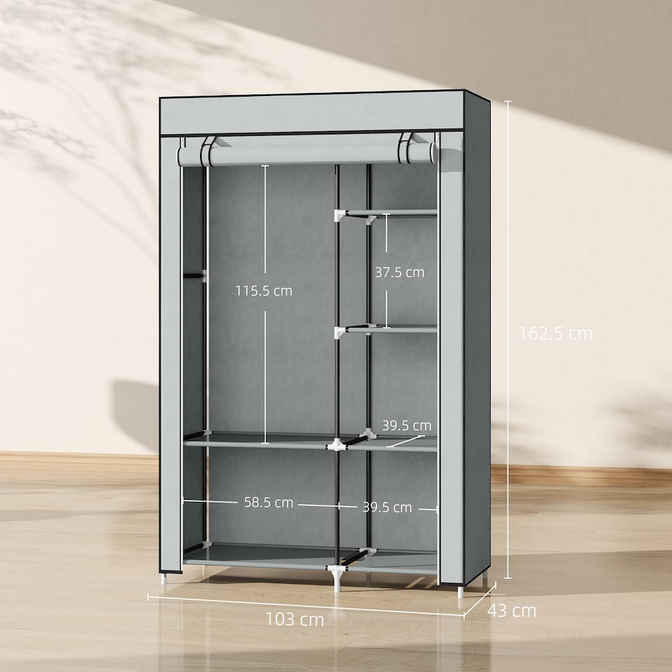 image 1 of HOMCOM Fabric Wardrobe w/ Shelves Hanging Rail Foldable Wardrobe Light Grey