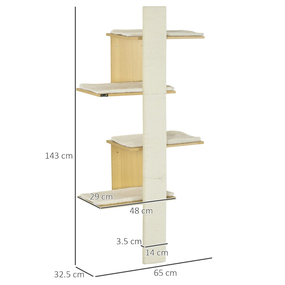 image 1 of PawHut Cat Wall Furniture 4-Layer Wall Mounted Shelf with Cushions Oak Tone