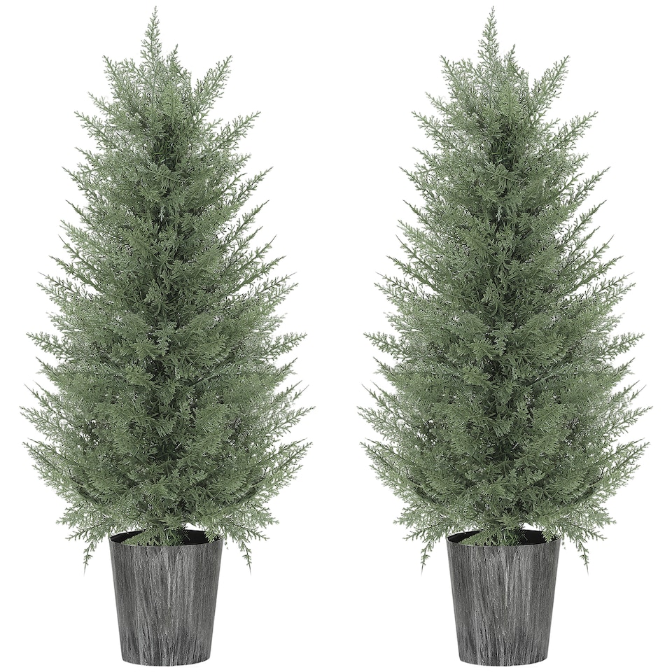 image 1 of HOMCOM 90cm Artificial Cypress Trees Set of 2, UV Resistant Artificial Plants with Decorative Pot, Fake Plants for Indoor Outdoor Decor, Green | Green
