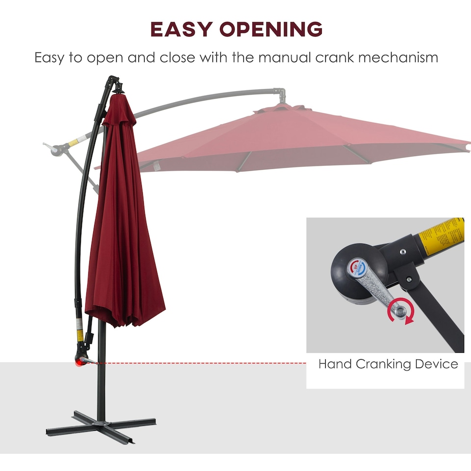 image 1 of Outsunny 3(m) Garden Banana Parasol Cantilever Umbrella w/Crank& Base, Wine Red