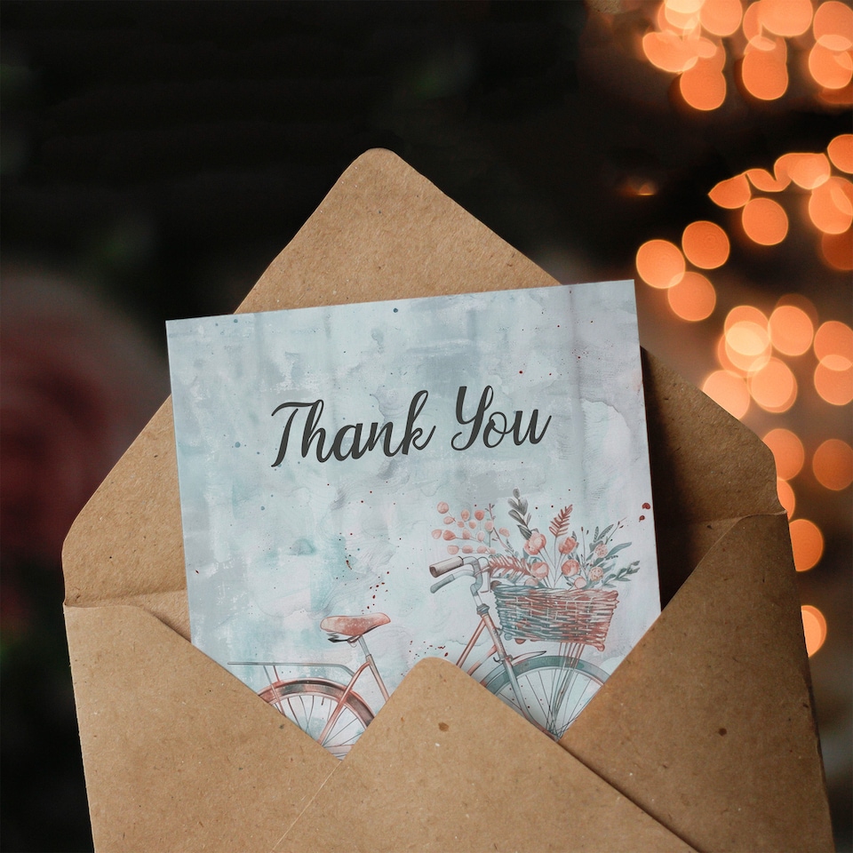 image 1 of Vintage Bicycle Flower Basket Light Watercolour Thank You Card