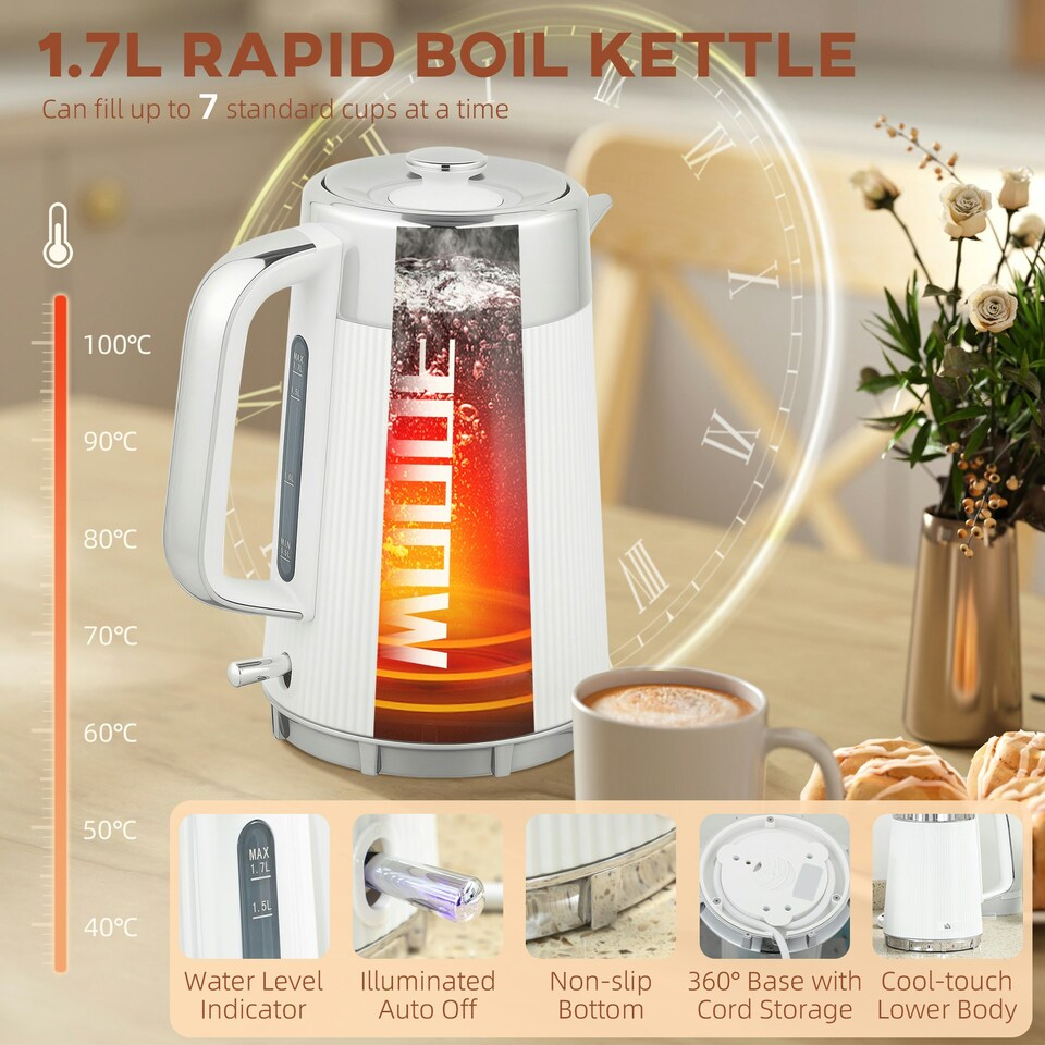 image 1 of HOMCOM 1.7L 3000W Rapid Boil Kettle and 4 Slice Toaster Set Crumb Tray White