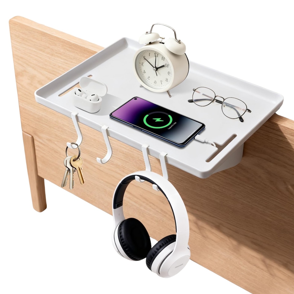 image 1 of Bedside Shelf for Bunk Beds & Bed Frames - Floating Bedside Tray with 4 Hooks, No-Drill Installation - Ideal for Dorm Rooms, Kids Rooms & Small Spaces (White)