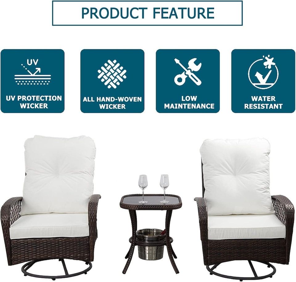 image 1 of 3 PCS Garden Furniture Set, Swivel Wicker Bistro Set with Ice Bucket Table, Upholstered Lounge Chair Set