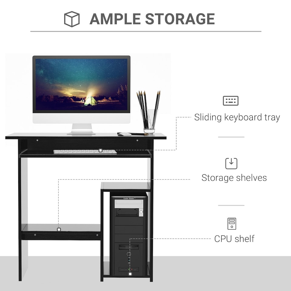 image 1 of HOMCOM Compact Small Computer Table Wooden Desk Keyboard Tray Storage Black