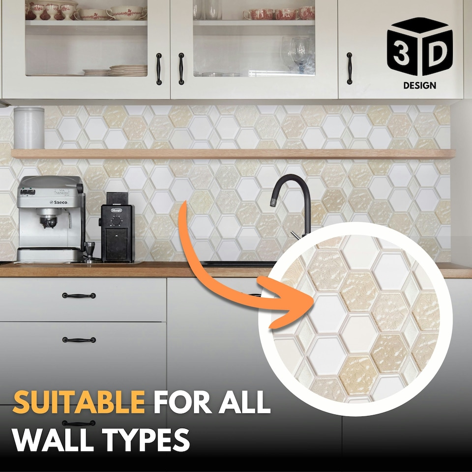 image 1 of NOVECRAFTO 3D Honeycomb Wall Panels Beige/Cream/Caramel – Glitter Tile Effect – Set of 6 PVC Sheets – 3.72m² (40.26sqft) – Kitchen & Bathroom Cladding