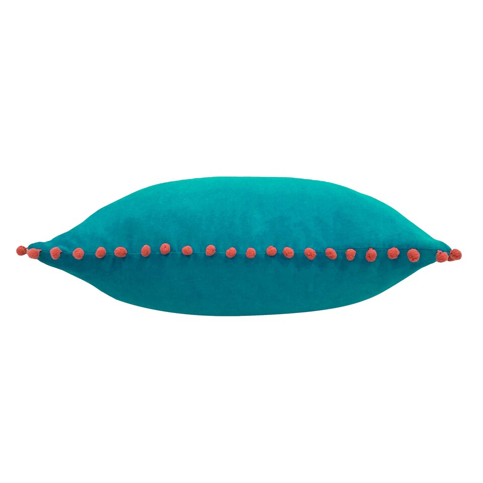 image 1 of Paoletti Velvet Pompom Cushion, Teal/Coral, 45 x 45cm