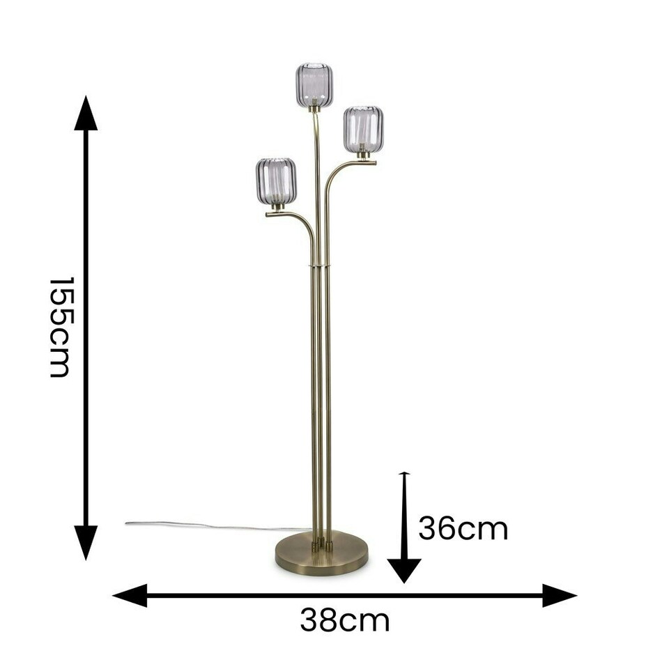 image 1 of ValueLights Amelie Gold 3 Arm Floor Lamp with Smoked Ribbed Glass Shades Gold