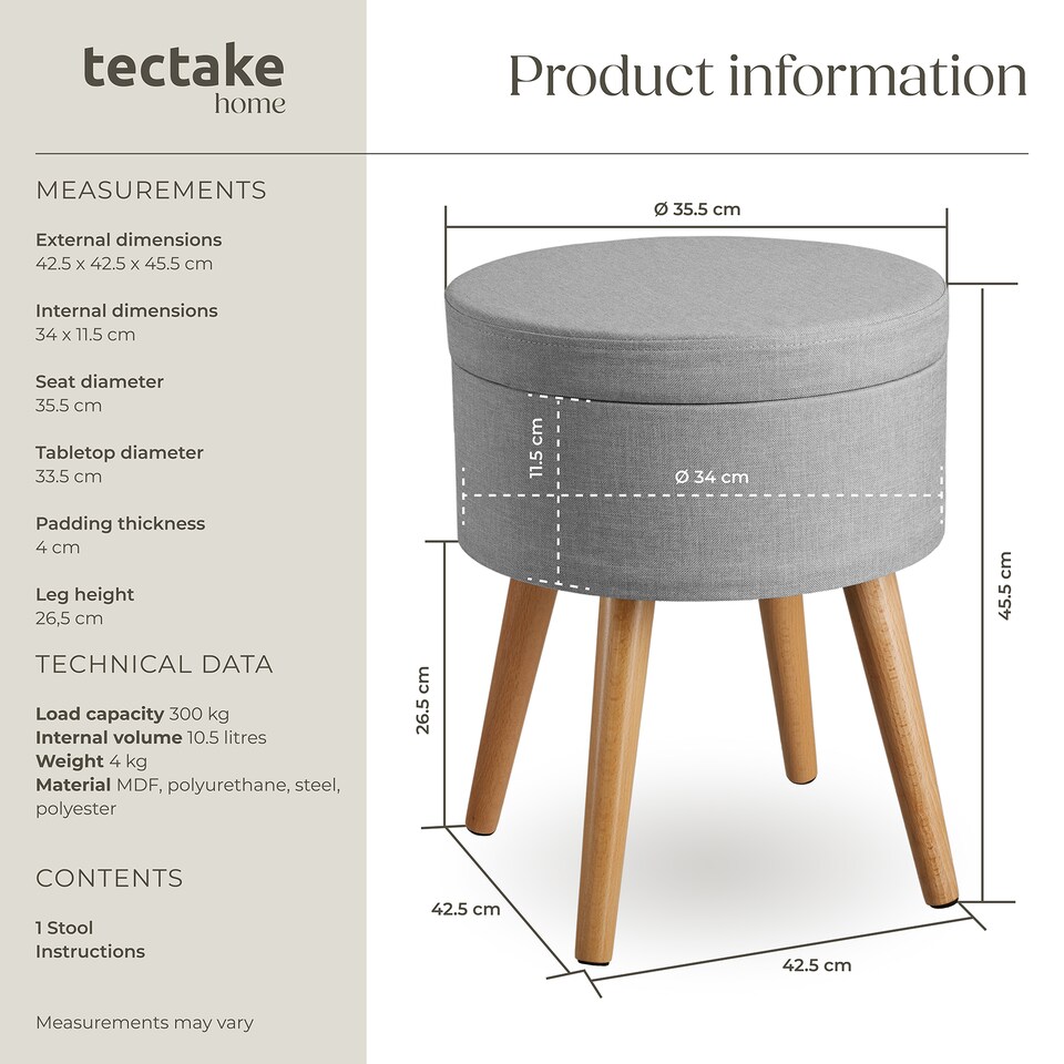 image 1 of Stool Yara - round, padded, with storage space, linen look | Grey | light grey | 42,50 x 42,50 x 45,50 cm | 1