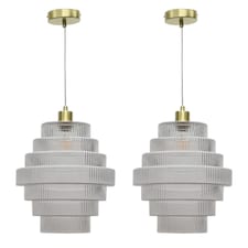 Set of 2 Benson - Tiered Large Glass Satin Brass Ceiling Pendant Light