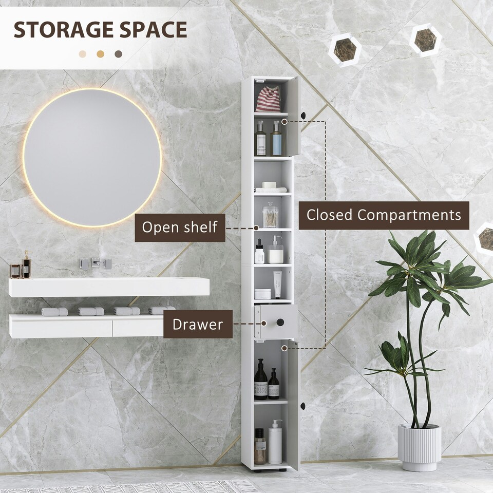 image 1 of kleankin Slim Bathroom Cabinet, Toilet Roll Storage w/ Shelves, Light Grey | Grey | White | 180H x 20W x 20D cm