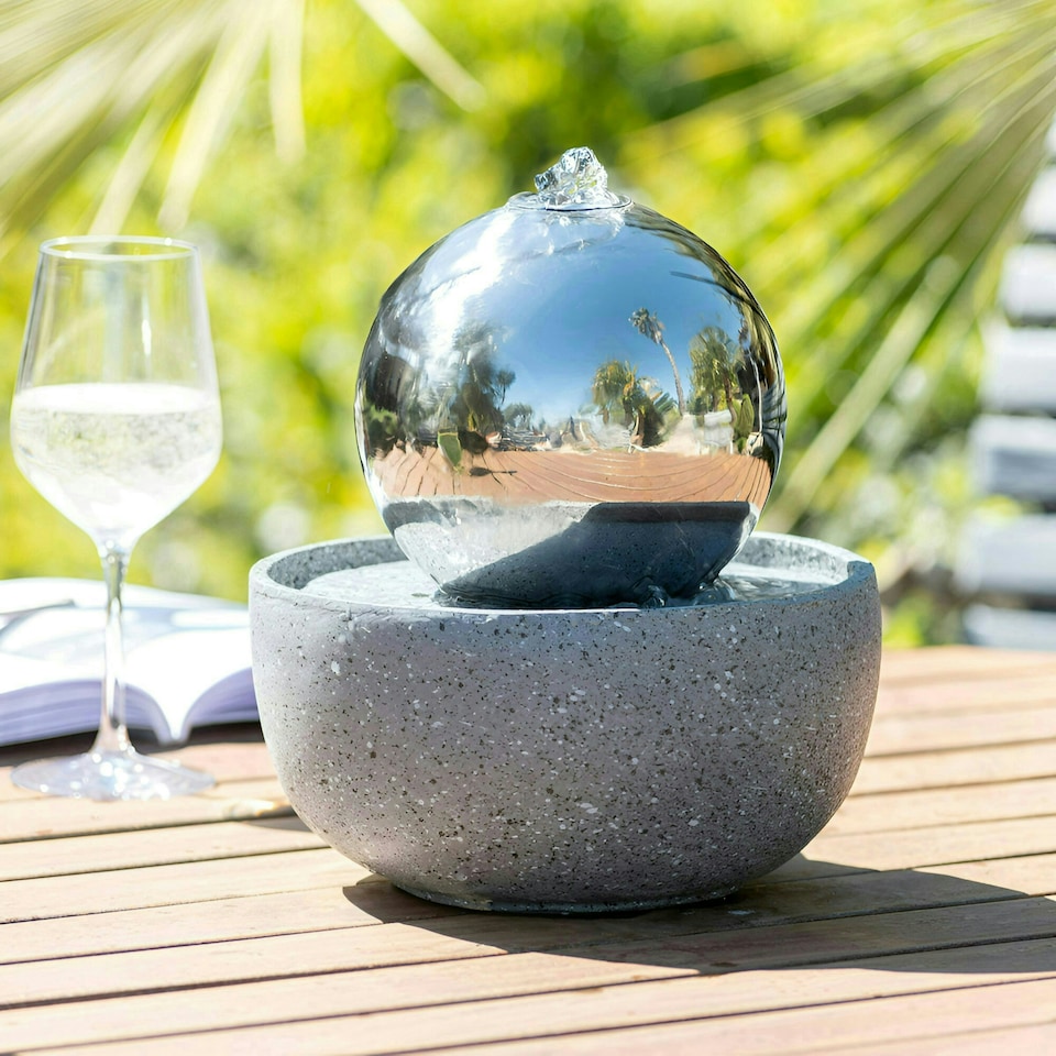 image 1 of Primrose Eclipse Silver Stainless Steel Sphere Water Feature with Lights 23cm