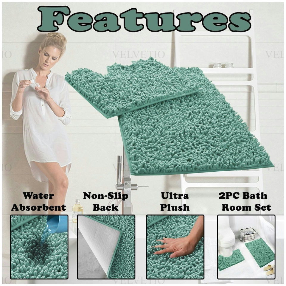 image 1 of VELVETIO Loop Bath Set Anti Slip Water Absorbent Soft Bathroom Rugs Green | Duck Egg