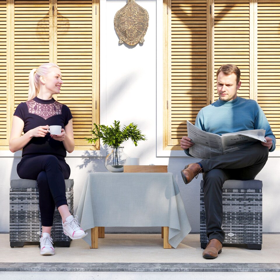 image 1 of Outsunny Set of 2 Rattan Storage Ottoman, Outdoor Footstool with Removable Cushions, Garden Storage Seat for Balcony, Porch, Living Room, Dark Grey | Grey | 40W x 40D x 40H cm | 1