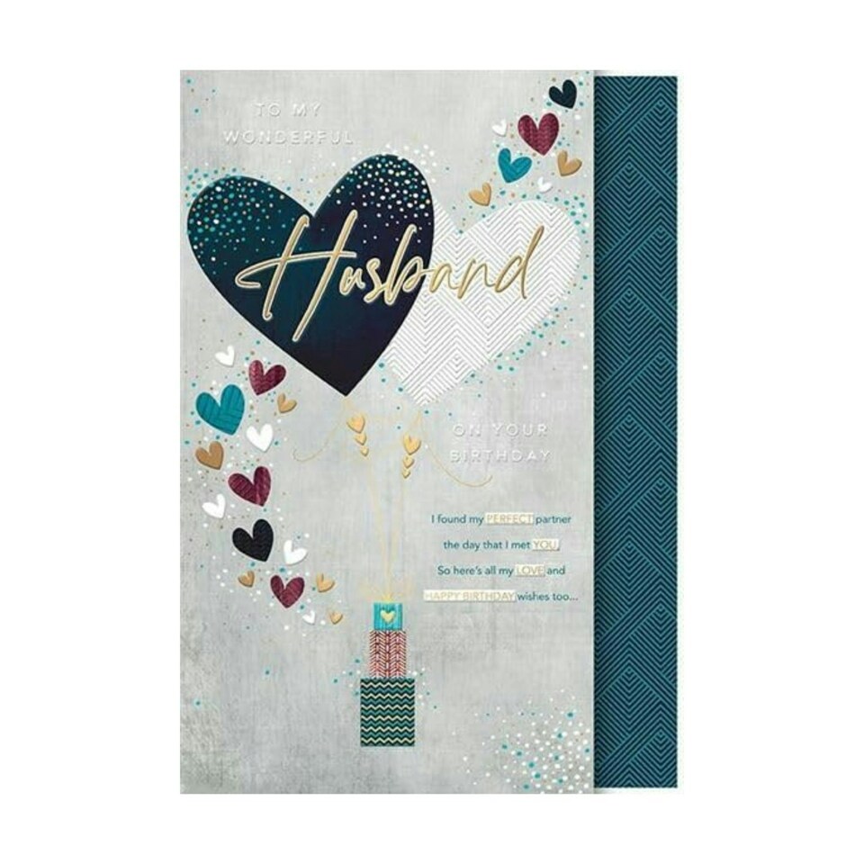 image 1 of Words 'n' Wishes Wonderful Husband Large Birthday Card, Heart Balloons with Embossed Foiled Finish