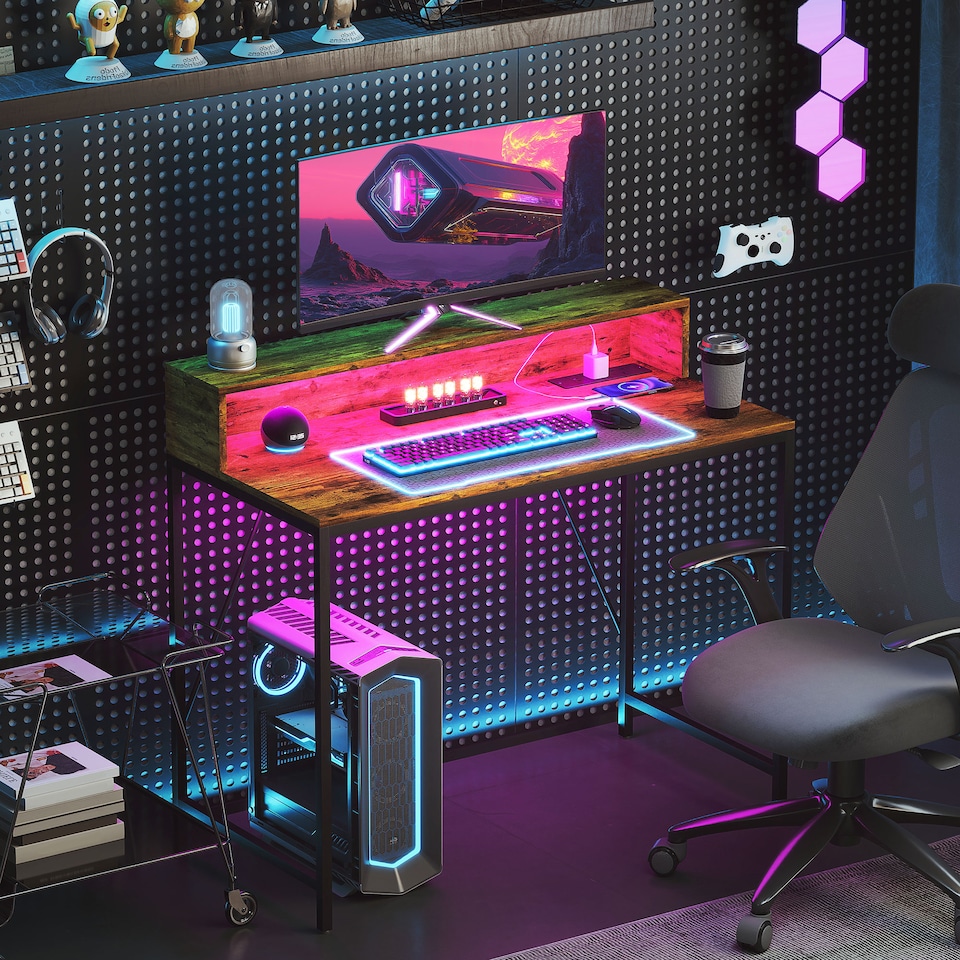 image 1 of HOMCOM 100cm Computer Desk with LED Lights and Power Outlets, Gaming Desk with Monitor Stand, Computer Table with Remote for Home Office Study, Rustic Brown