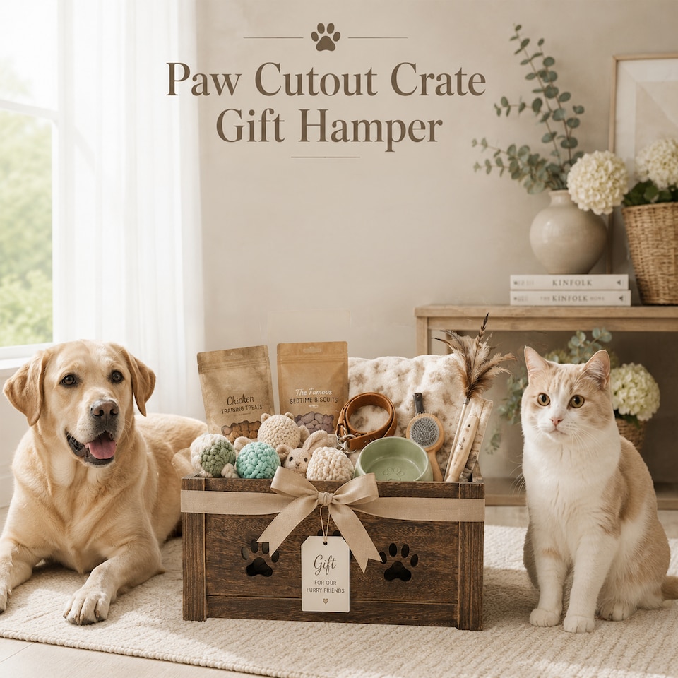 image 1 of Paw Shaped Cutout Dog Toys Chest Gift Hampers Storage Collection Box Wooden Crates Gift Hampers (Brown, Small)