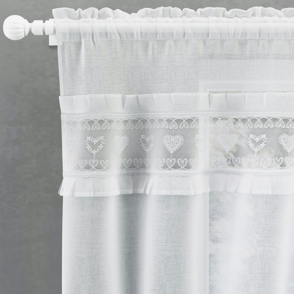 image 1 of Lucy White Embroidered Heart Design Window Set 140 x 106 cm Rod Pocket Window Set with Frill Edging and 2 Matching Tie Backs
