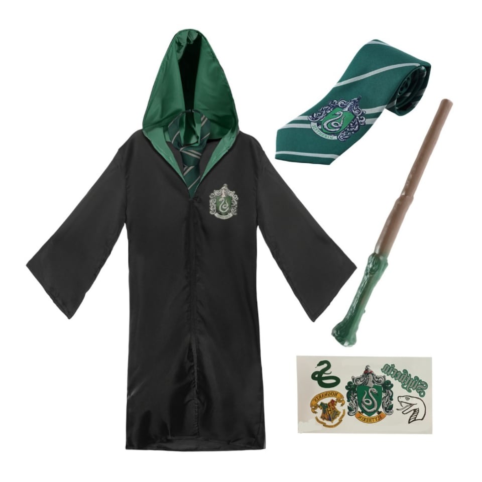 image 1 of Harry Potter Costume - 4Pcs - Slytherin Cloak, Tie, Tattoos & Wand | Multi | S