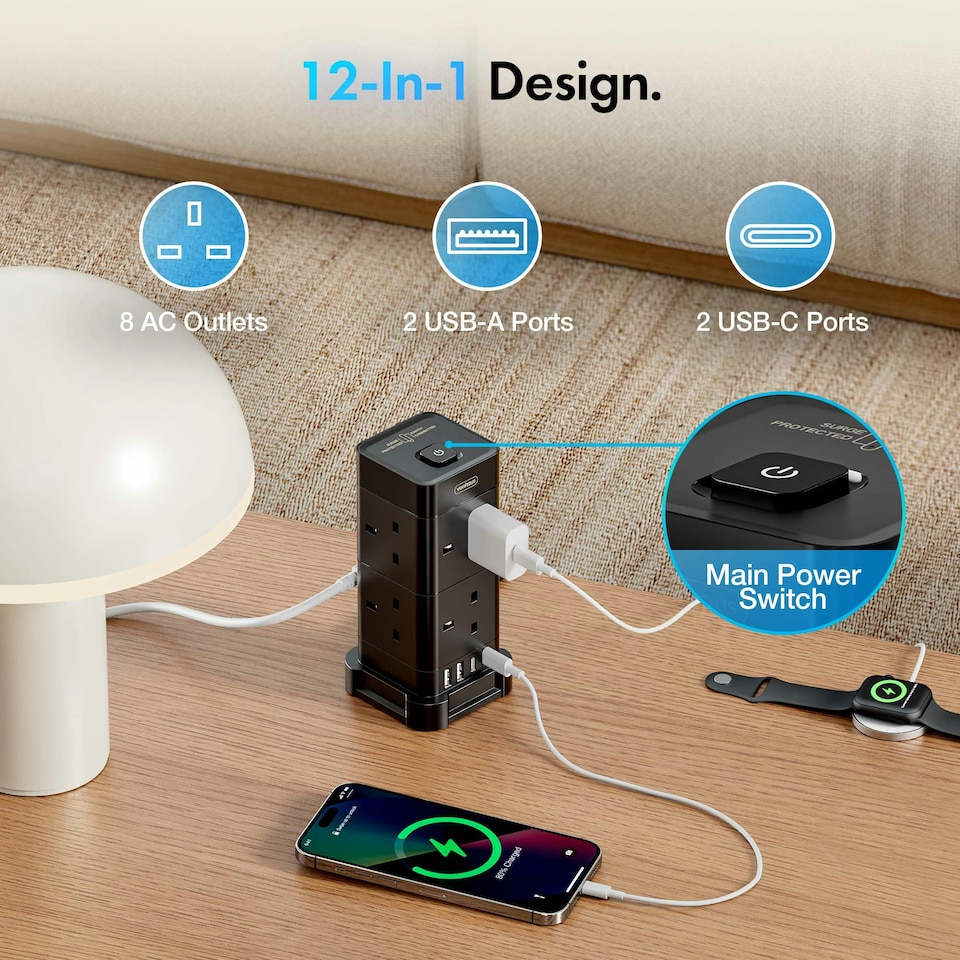 image 1 of VonHaus Tower Extension Lead with 8 Plugs and 2 USB-C Ports