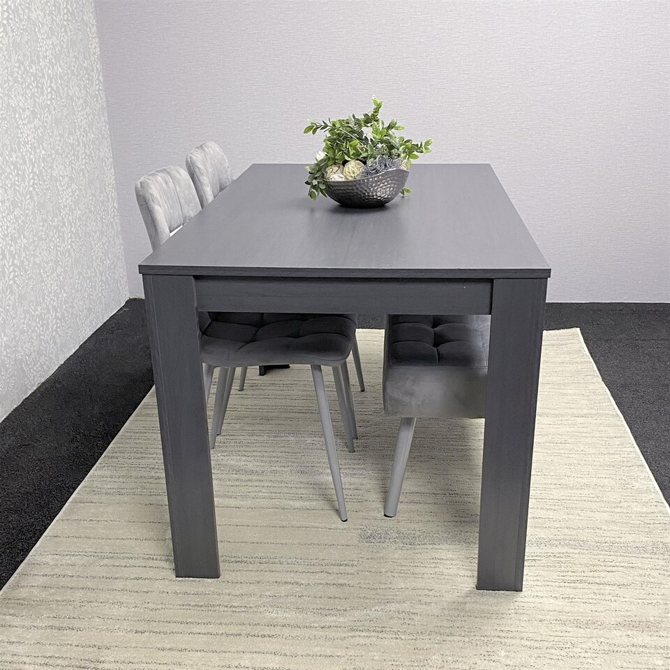 image 1 of Modern Dining Set  Dark Grey Table, Bench and 2 Grey Velvet Chairs