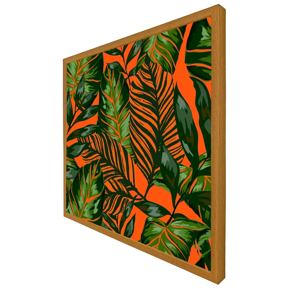 image 1 of Green tropical leaves on orange (Picutre Frame) White | XS