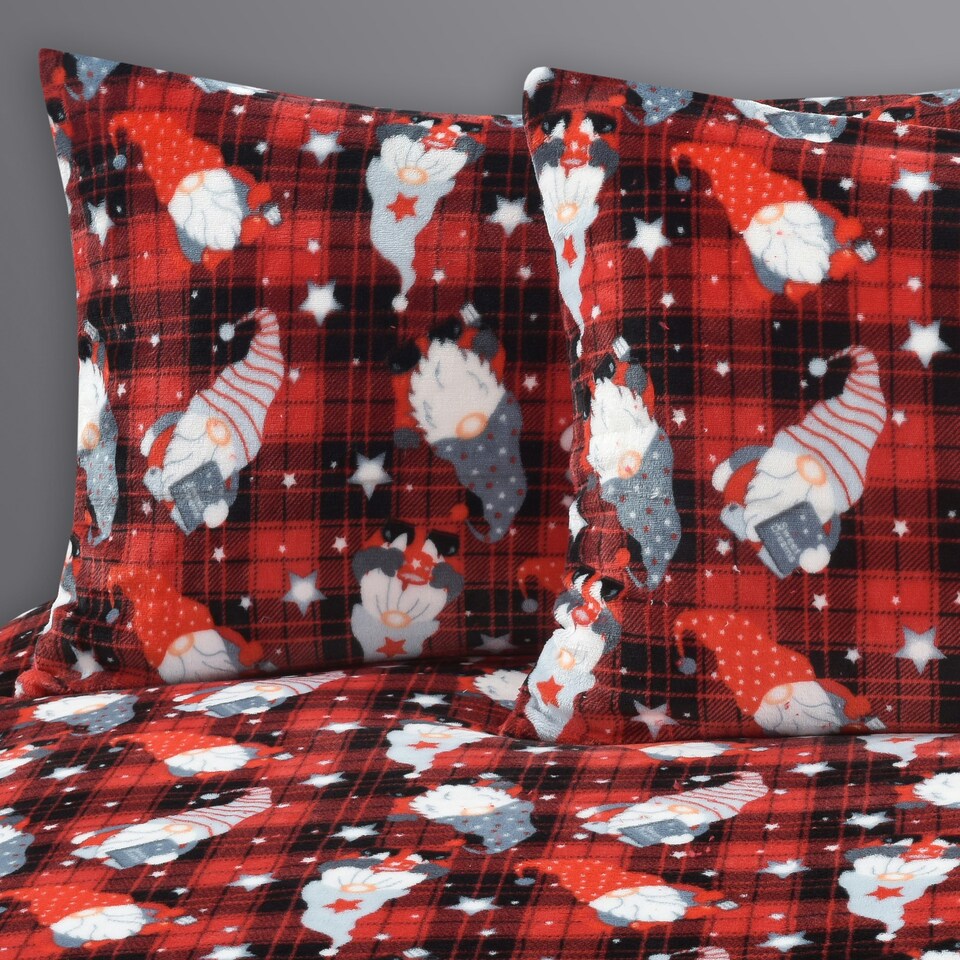 image 1 of Velosso Gonks Check Flannel Printed Cotton Blend Duvet Cover and Pillowcase Set Red | Super King
