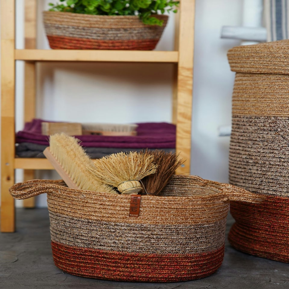 image 1 of Jute Handwoven Storage Basket (Orange And Grey)