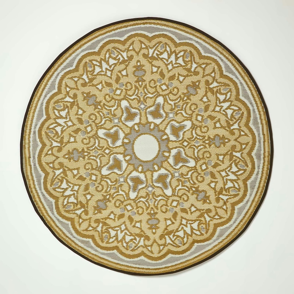 image 1 of Homescapes Outdoor Rug Luxury Waterproof Reversible Recycled, For Garden, Round Rae | Yellow | Yellow