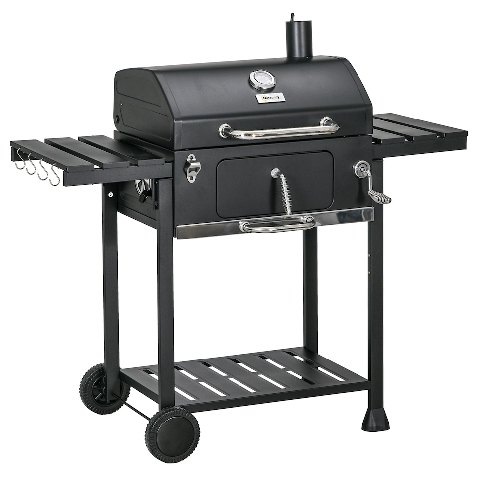 image 1 of Charcoal BBQ Grill Smoker Trolley with Shelves, Bottle Opener and Wheels