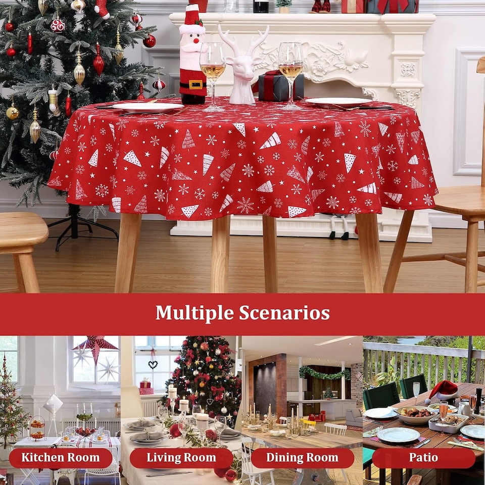 image 1 of London Boutique Round Christmas Tablecloth, Waterproof Wipe‑Clean, Snowflake and Tree Print, Red, 60 in