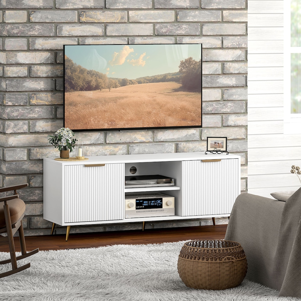 image 1 of HOMCOM Modern TV Stand Cabinet for TVs up to 55 , TV Unit with 2 Open Shelves and 2 Cabinets, Entertainment Centre with Cable Management for Living Room, White