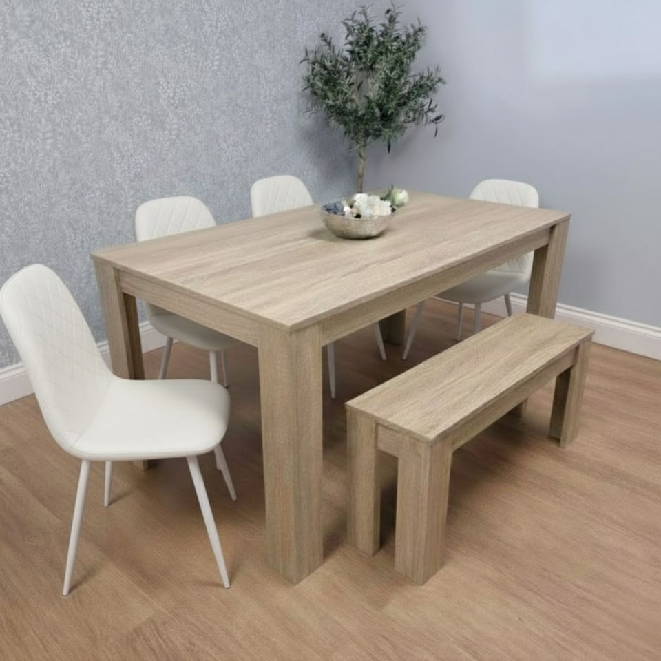 image 1 of Wooden Dining Table Set for 6 Oak Effect Table With 4 Cream Gem Patterned Chairs and 1 Bench