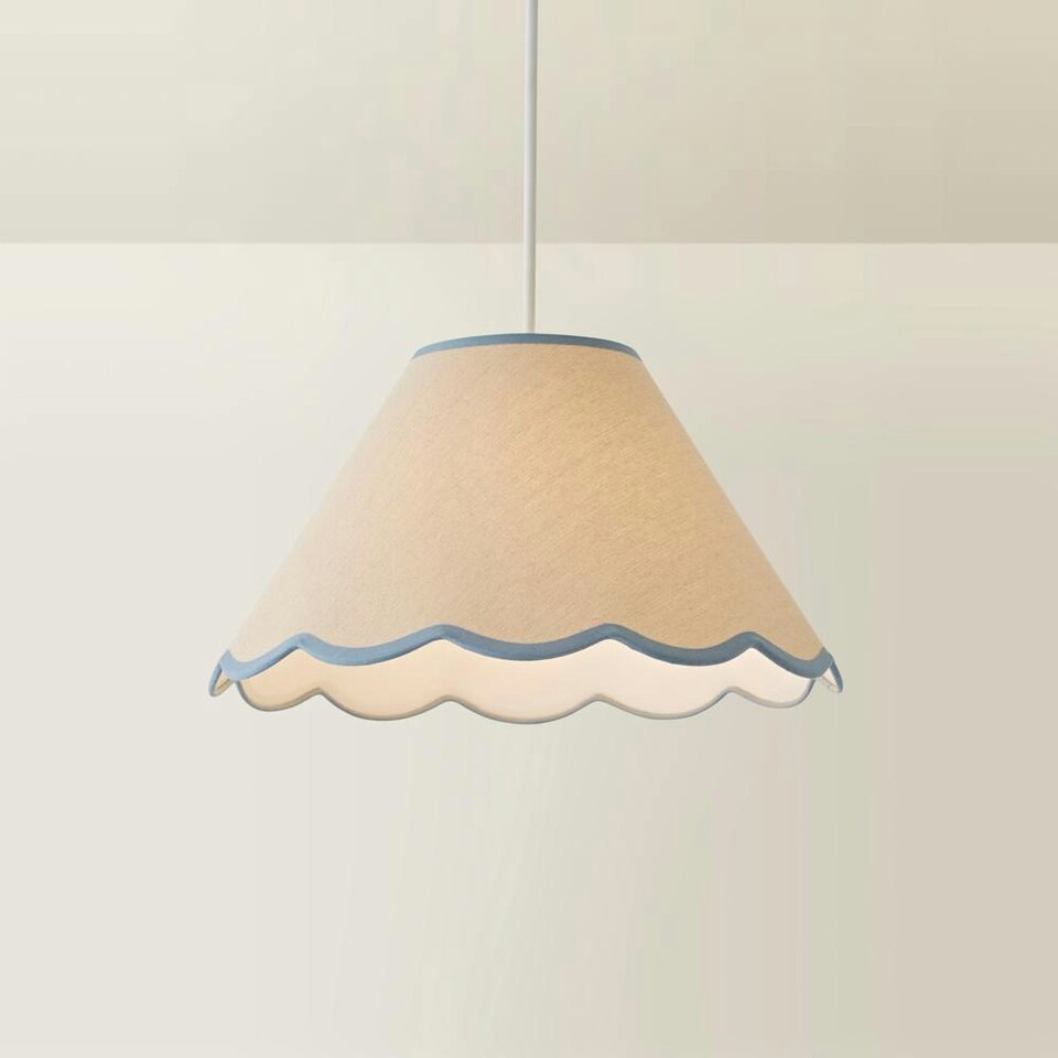 image 1 of ValueLights Florie Natural Linen Large Tapered Lamp Shade with Scallop Blue Trim