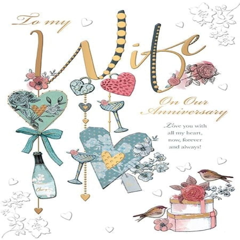 Words 'n' Wishes Anniversary Card for Wife, Hearts & Champagne, Multi-Coloured 23.5 x 16.5 cms