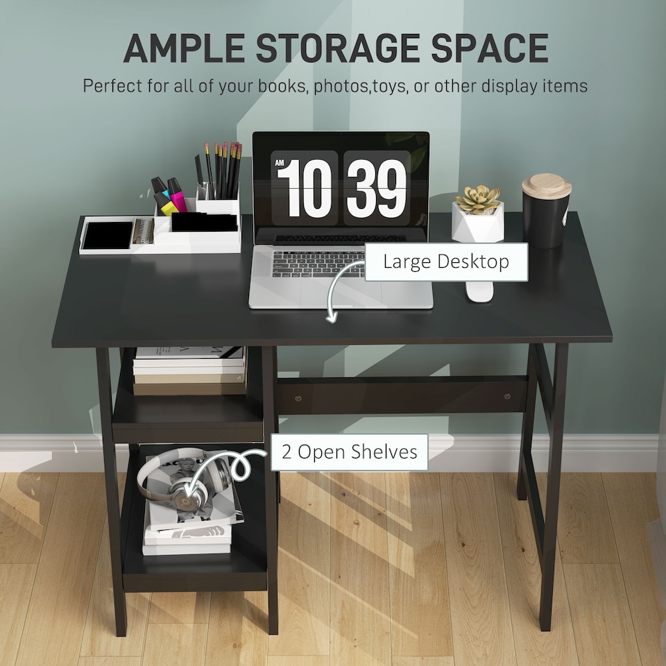 image 1 of HOMCOM Compact Computer Desk with Storage Shelves, Study Table with Bookshelf, PC Table Workstation for Home Office, Study, Easy Assembly, 106 x 51cm, Black | Black