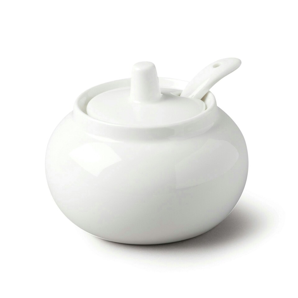 image 1 of Wm Bartleet & Sons Porcelain Bellied Sugar/Jam/Mustard Pot with Spoon, White