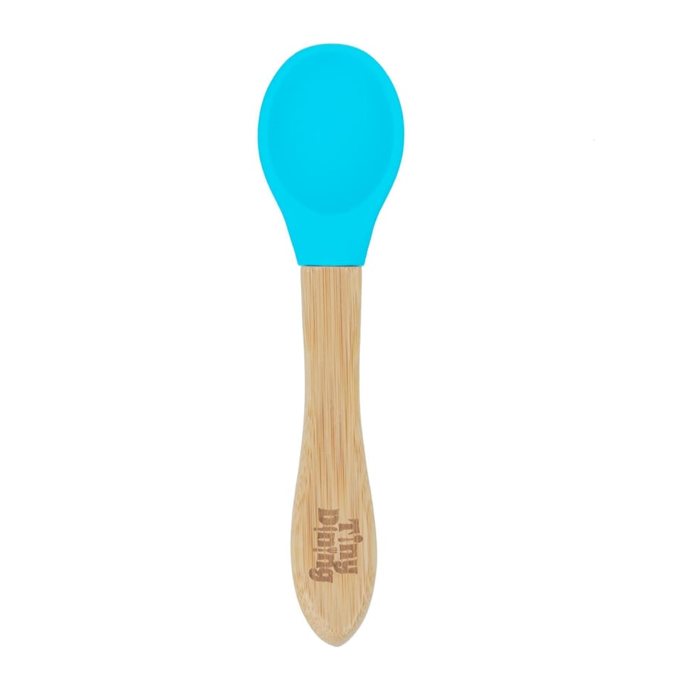 image 1 of Tiny Dining Bamboo Silicone Tip Spoon - Blue - Children's Baby Toddler Soft Curved Feeding Weaning Spoon