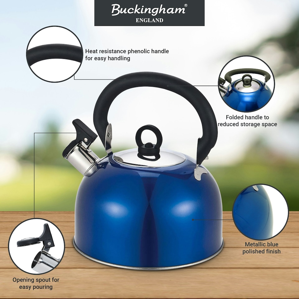 image 1 of Buckingham Stainless Steel Camping Whistling Kettle 2.5 Litre , Metallic Blue