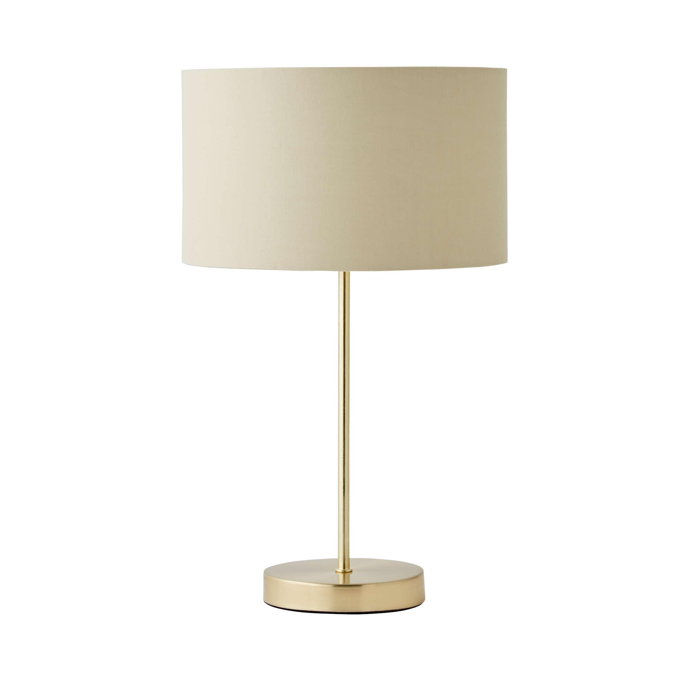ValueLights Charlie Gold Stem Table Lamp with Fabric Drum with Gold Inner Lamp Shade & Bulb in Natural