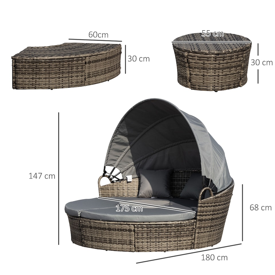 image 1 of Outsunny Outdoor PE Rattan Garden Furniture with Cushioned, Patio Wicker Conversation Furniture Set, Round Daybed with Retractable Canopy, Coffee Table and Three Pillows, Grey