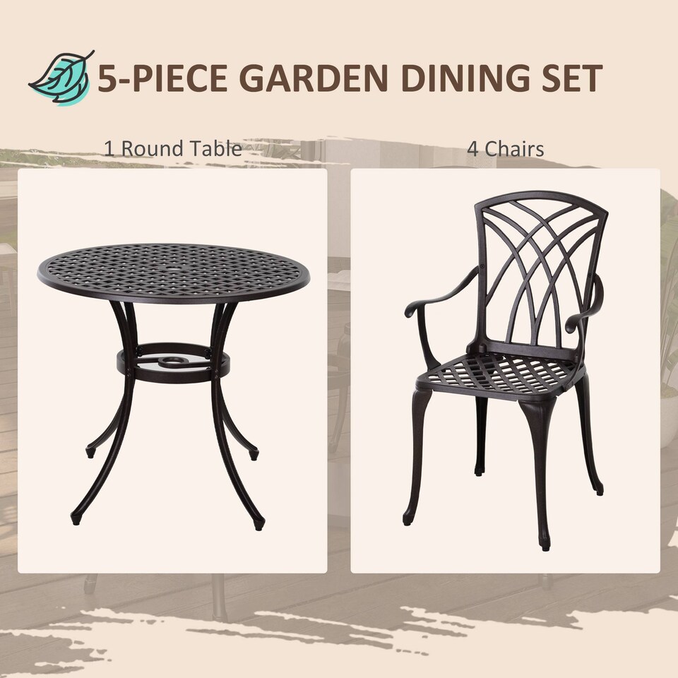 image 1 of Outsunny 5 Pieces Garden Dining Set for 4, Cast Aluminium Outdoor Dining Set with 4 Armchairs and Round Dining Table with Parasol Hole, Garden Furniture Set, Brown